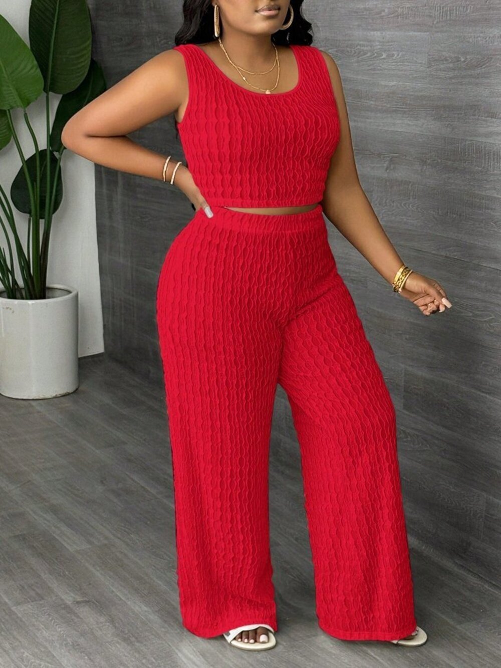 Red Casual Women's Plus Size Tank Top And Pants Set